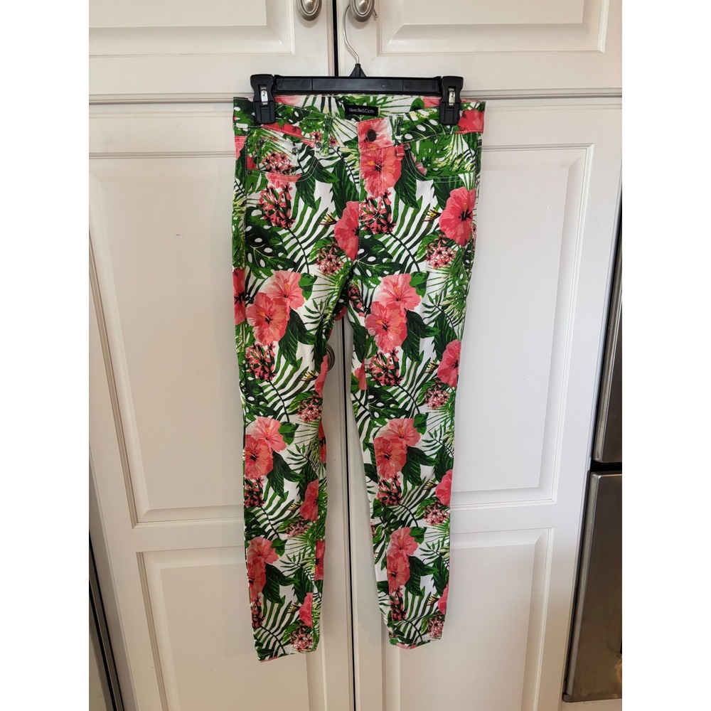 Needle & Cloth Womens Tropical Floral Skinny Pants Green Pink Hibiscus Size 4